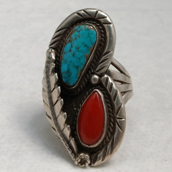 Native American Turquoise Red Coral Statement Sterling Silver Ring - Picture 1 of 7
